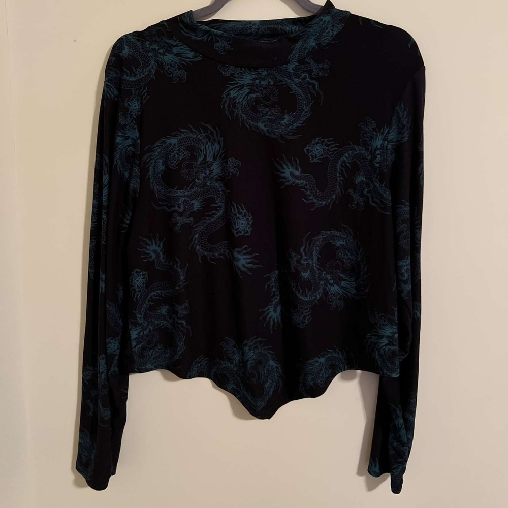 Rue21 Top Black w/ Green dragon all over print.